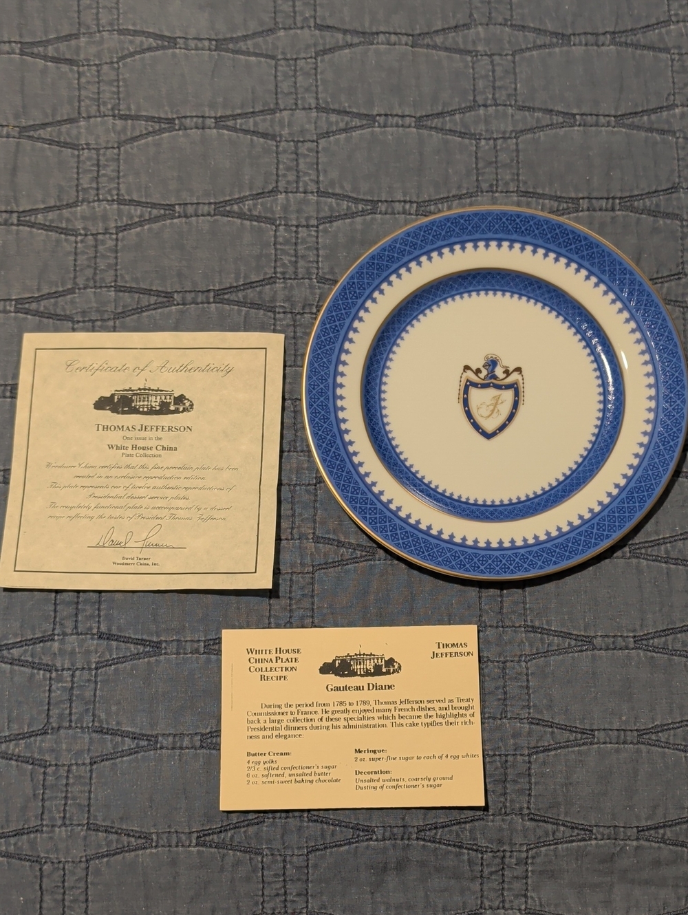 Blue and White Porcelain Dinner Plate with Crest and Gold Trim